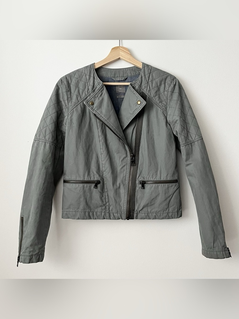 Gap Women's Quilted Moto Vintage Flight Jacket Size 10 Gray Cotton Biker Boho